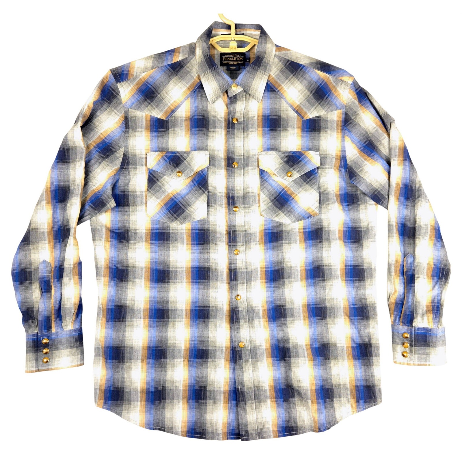 Pendleton Frontier Plaid Western Shirt Blue Tan Long Sleeve Pearl Snap Men L